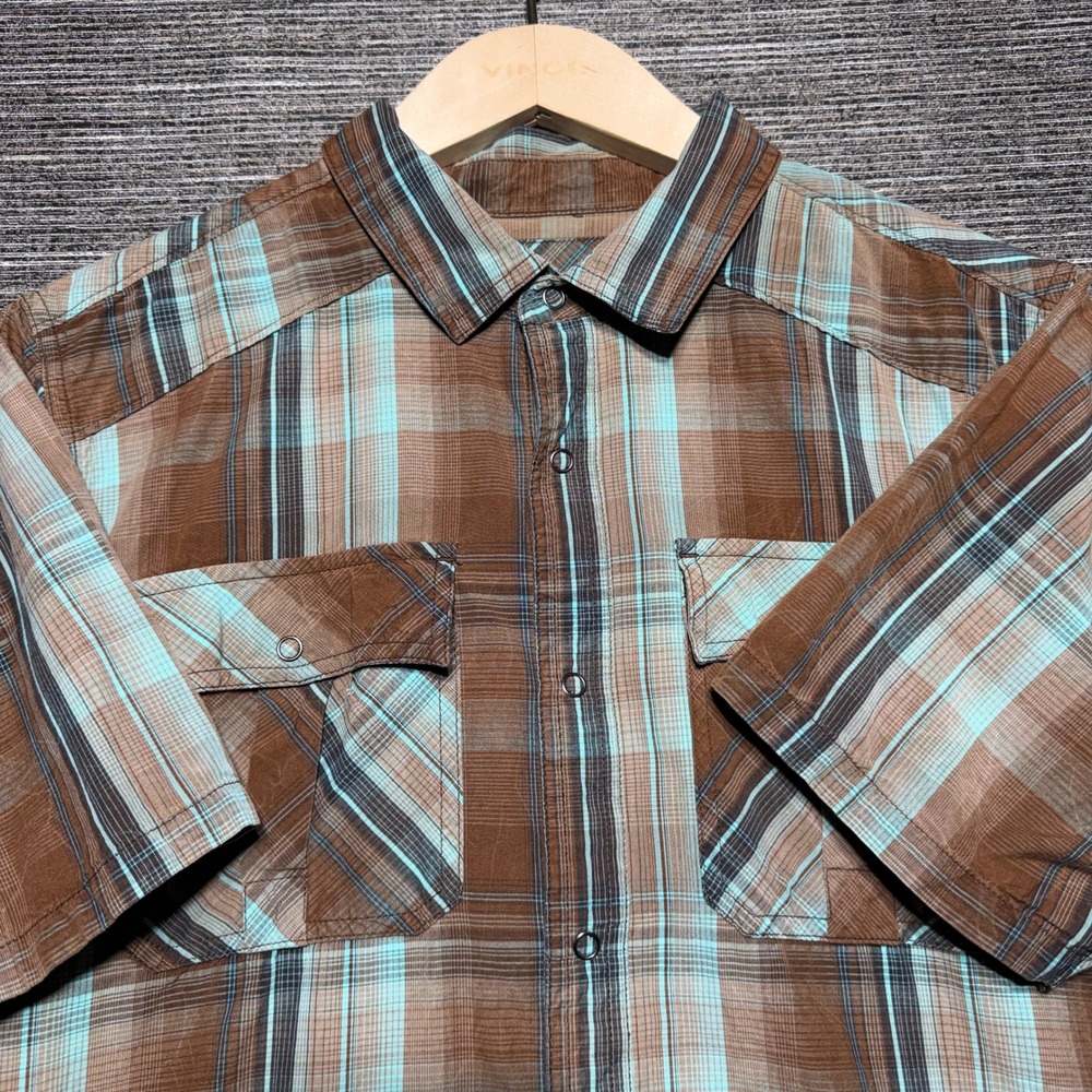 prAna Shirt Button Men Medium Brown Plaid SS Breathe Midas Snap M1MIDA114
